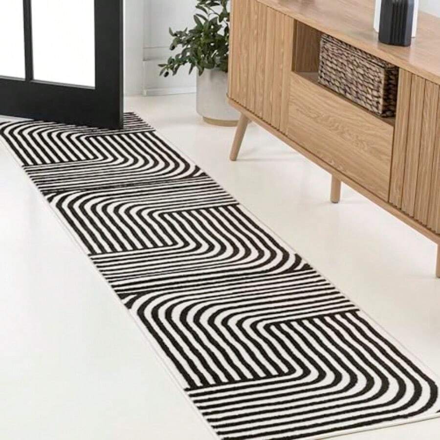 High-Low Angle Geometric Runner Rug 2X8, Indoor Rug Ships Rolled, Lays Flat, Premium Construction, Easy-Cleaning For Living Room, Bedroom, Kitchen, Pet Friendly, Non-Shedding - Black/White - View 1