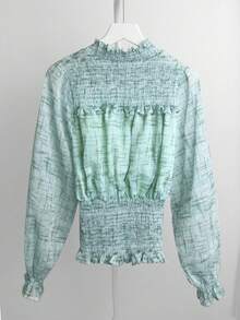 French Style Round Neck Chiffon Long Sleeve Blouse Women Spring Autumn Sweet Elegant Ruched Waist Top - Green - View 8