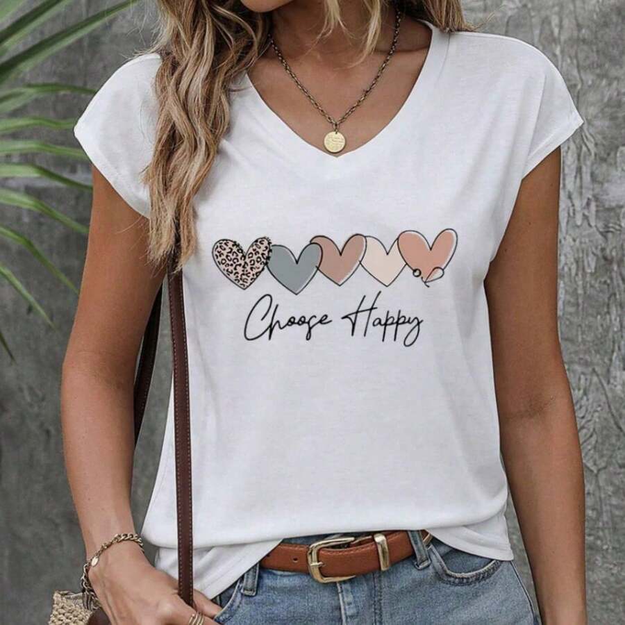 Colorful Heart Printed Shoulder & Sleeve Connected White T-Shirt Graphic Tees Women Tops - Shape - View 1