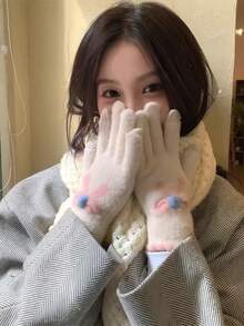 1 Pair Korean Style Winter Bowknot Pattern Five-Finger Women's Casual Versatile Gloves, Touchscreen Compatible For Gaming, Suitable For Daily Commute And Sports - Multicolor - View 12