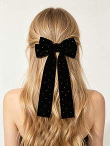 1pc Women's Solid Color Velvet Rhinestone Long Ribbon Bow Hair Clip, Gentle Atmosphere Head Accessory, Photography Prop, Back To School Gift For Girls - Black Rhinestone - View 6