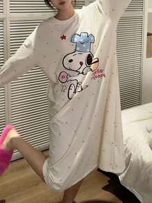 Gongdie Snoopy Women's Nightgown, Soft Modal Cotton Long Sleeve Loungewear Dress With Pockets, Autumn - Beige - View 4