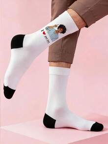 Men Custom Face & Text Printed Socks White With Black Toe Caps Soft Stretch Knit Fabric Breathable Novelty Personalized Crew Socks Suitable - Multicolor - View 2