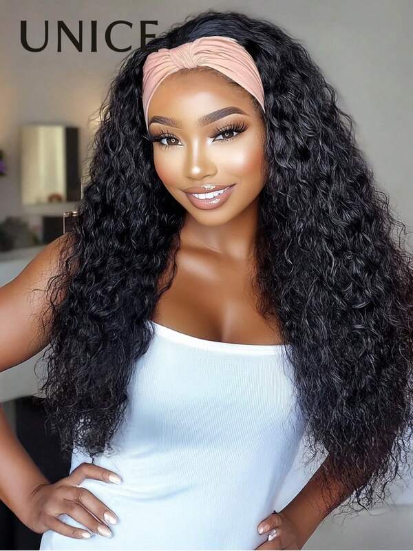 UNice Water Wave Headband Wig With Flexible Drawstring Cap Fit For All Head Sizes Effortless Up-Do And All Day Wear Natural Black Color No Glue No Lace Beginner Friendly For Women