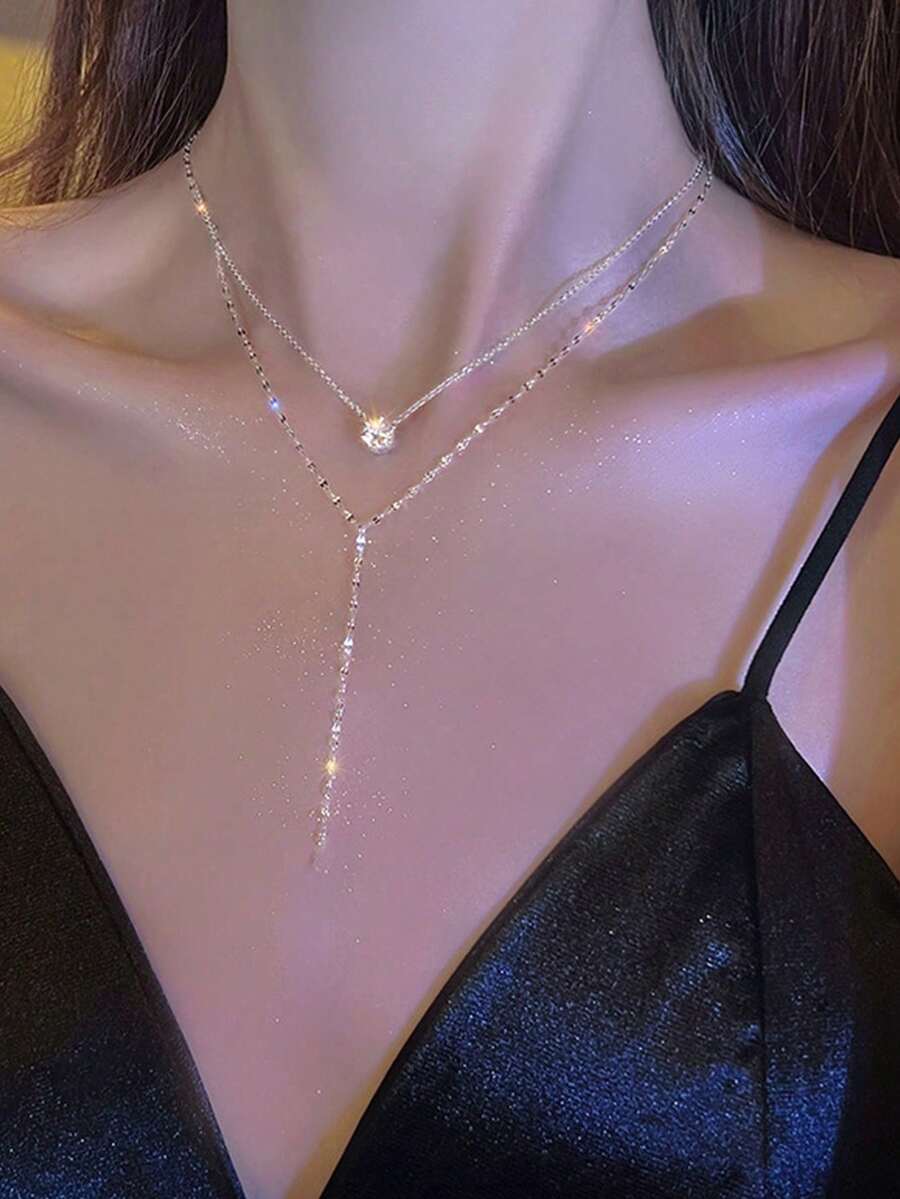 1pc Double Layer Sexy Y-shaped Tassel Dangling Rhinestone Necklace For Women - Silver - View 1