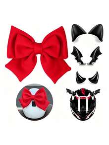 Accesorio Decorativo Autoadhesivo para Cascos de Motocicleta, Moño Grande Rosa + Orejas de Gato, Cuernos y Alas de Murciélago Sin Taladrar - Rojo - Ver 2