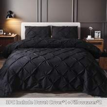 3PCS Soft Luxury Black Pinch Pleat Quilt Duvet Cover Set Bedding For Bedroom With 2 Pillowcases Queen King Size Quilt Cover Set Zipper Closure,Festival Gift Quilt Doona Duvet Cover For Bedroom Decor,Easy To Clean, Machine Wash,Back To School Season - 黑色 - 查看 10