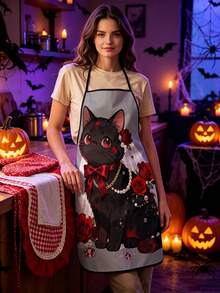 4pcs Gothic Halloween Kitchen Apron, Black Cat Red Rose Pearl Chain Print Adjustable Anti‑Oil Cooking Bib Apron, Vintage Dark Romantic Home Baking Party Decor Holiday Gift - Multicolor - View 14
