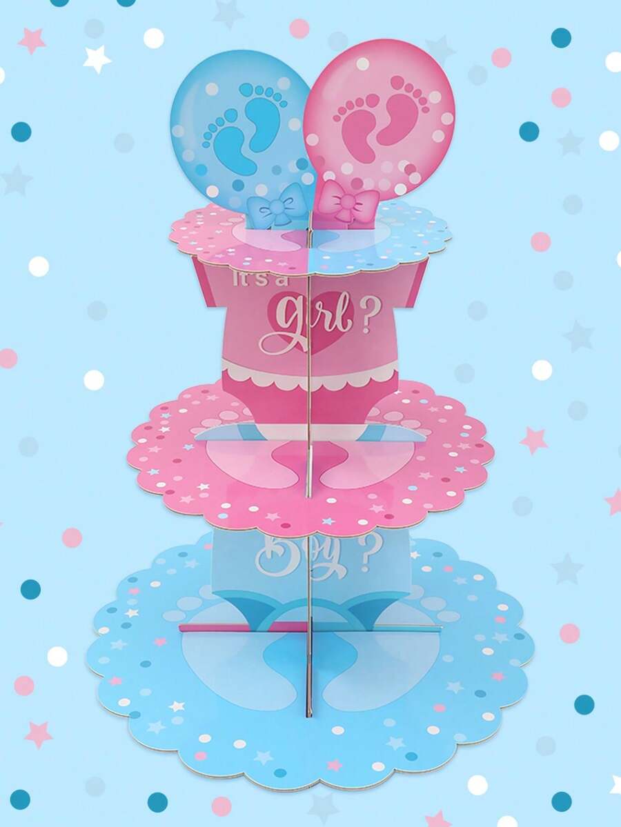 1 Set/2 Sets Pink & Blue 3-Tier Cupcake Stand, Baby Footprint Balloon Print, Creative DIY Cake Decoration, Cake Dessert Display Rack, Gender Reveal Party Supplies, 1st Birthday Party Decoration, Baby Shower Decoration, Boy & Girl Party Supplies, Boy & Girl Party Gifts, 1st Birthday Party Decoration Supplies