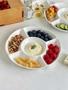 1 pieza Plato de cerámica con encaje vintage europeo de 5 compartimentos, bandeja para aperitivos con cuenco central para salsas, bandeja dividida para servir aperitivos, frutos secos y frutas para uso doméstico - Blanco - Ver 7
