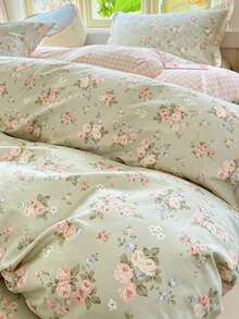 2/3pcs Cotton Floral Bedding Set, Soft & Breathable, Green, Duvet Cover & Pillow Case, Suitable For Double/Queen/King Size Bed, All Season, Home Decor, Bedding Gift, Machine Washable - Multicolor - View 2
