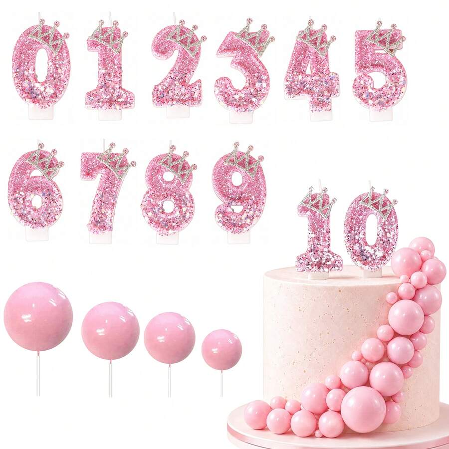 22件組粉色亮片皇冠數字生日蠟燭，附粉色裝飾球頂端，甜美生日派對裝飾 - 彩色 - 查看 1
