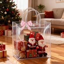 30pcs (20*20*8cm) Transparent PVC Tote Bags, Shopping Bags, Birthday Party Gift Packaging Bags, Transparent Reusable Waterproof Multi-Purpose Holiday Favor Bags (15pcs Bags+15pcs Ribbons) - Transparent - View 3
