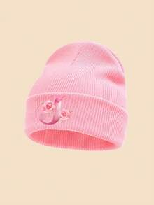 1 Peça Gorro de Tricô Rosa Infantil, Estampa Floral de Letras A-Z, Chapéu Quente de Outono/Inverno, Macio e Confortável com Punho Dobrado, Adequado para Uso Diário, Pode Ser Usado como Presente - Rosa chiclete - Visão 30