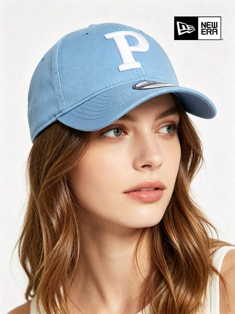 New Era Light Blue Letter P Embroidered Dad Hat, Vintage Soft Woven Fabric Cap, Unisex - Blue - View 1