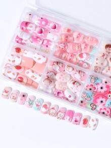 144pcs Kuku Palsu Pendek Tempel untuk Anak Perempuan, Desain Pola Kartun Lucu Warna-warni, Set Ujung Kuku Akrilik Pra-Lem untuk Menutupi Seluruh Kuku, Cocok untuk Dekorasi Kuku Anak Perempuan - MultiWarna - View 6