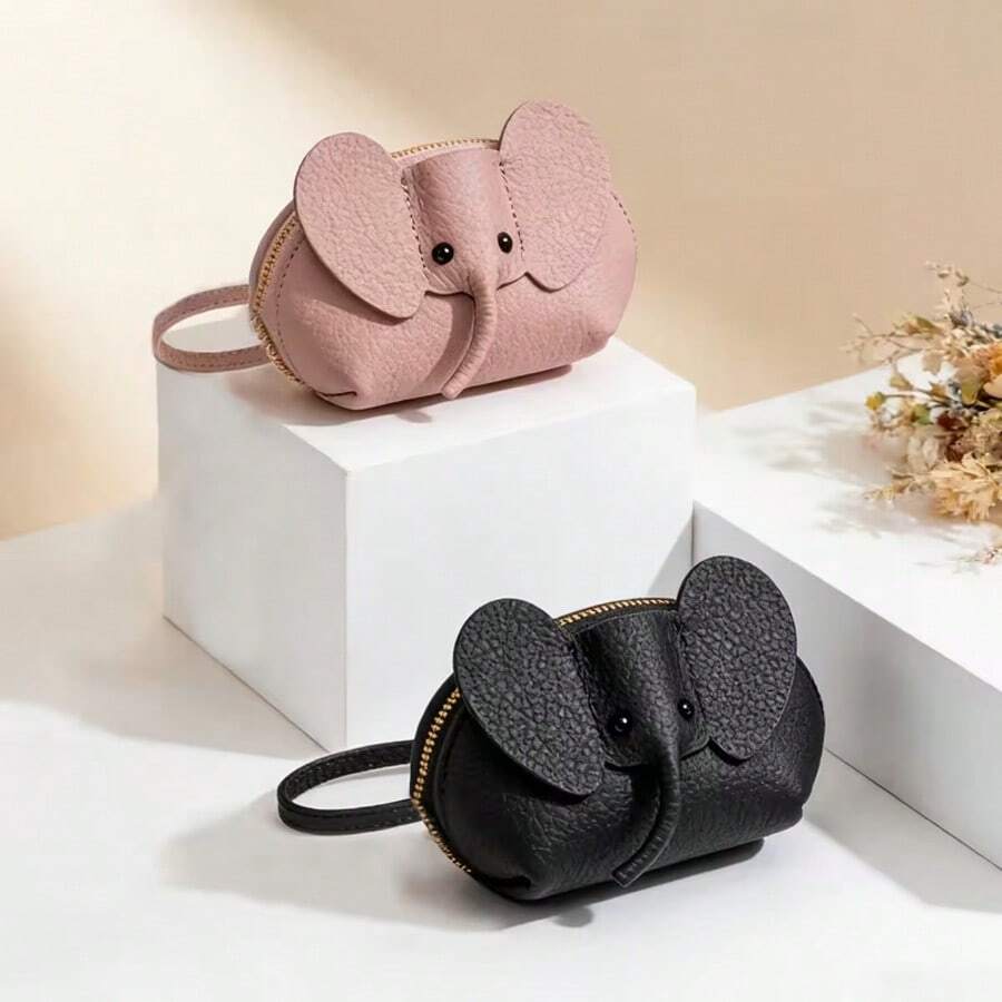 1pc New Creative Cute Elephant Bag Charm Women's Key Pouch Creative Card Holder Leather Elephant Coin Purse Zipper Lipstick Storage Bag Makeup Bag - Multicolor - View 1