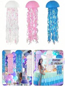 3pcs Gradient Blue Jellyfish Paper Lanterns, Ocean Theme Hanging Decorations, Underwater Style, Suitable For Mermaid Party, Birthday, Baptism, Wedding Wall Decor - Pink - View 1