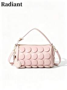 女款圓筒肩背手提包，波點壓紋PU皮革，可拆卸肩帶，拉鍊開合，休閒時尚，日常購物包 - 粉色 - 查看 9