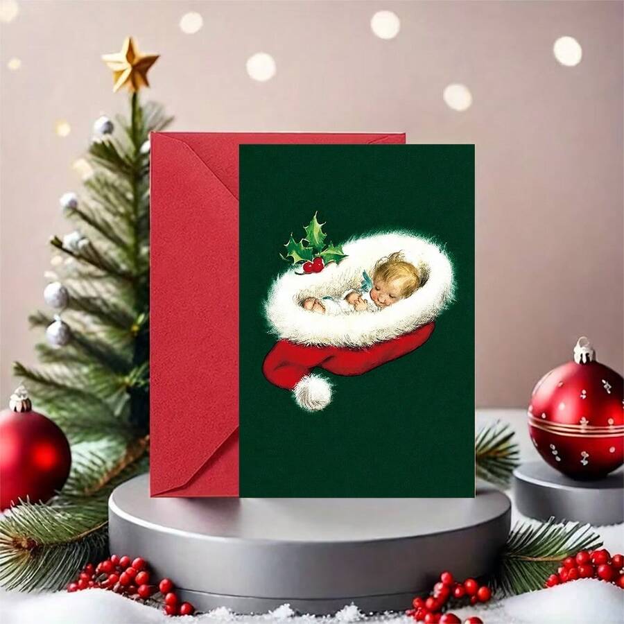 1 Greeting Card + 1 Envelope Adorable Christmas Greeting Card, Sleeping Figure In Hat With Holly Text Season Greetings, Perfect For Friends, Winter Holiday Vintage Style Card. - Yellow Envelope - View 1