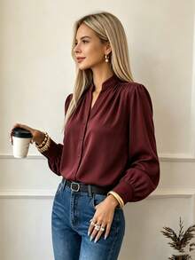 Women's Elegant Solid Color Casual Commute Single-Breasted Notched Collar Long Sleeve Blouse - Redwood - View 4