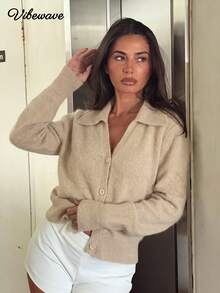 Kardigan Rajut Wanita VIBEWAVE dengan Kerah V-Neck, Kancing Tunggal Lengan Panjang Bagian Depan Terbuka Pendek, Musim Gugur/Dingin - Khaki - View 1