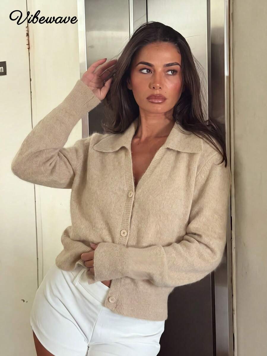 Kardigan Rajut Wanita VIBEWAVE dengan Kerah V-Neck, Kancing Tunggal Lengan Panjang Bagian Depan Terbuka Pendek, Musim Gugur/Dingin - Khaki - View 1