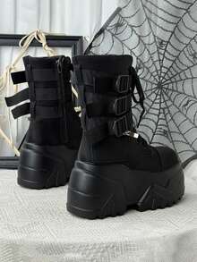 Women's Functional Style Lace-Up Thick Sole Mid-Calf Boots With Chunky Heel, Side Zipper, Punk Hot Girl Fashion Boots - Black - View 3