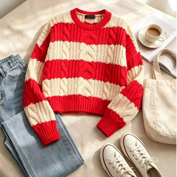 Teenager Round Neck Cable Knit Short Sweater, Red & Beige Striped Colorblock Long Sleeve Pullover, Autumn/Winter Casual Warm Knit Top