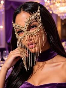 Multilayer Tassel Rhinestone Mask, Glamorous Jewelry Accessory For Women At Banquet And Ball - Gold - View 1