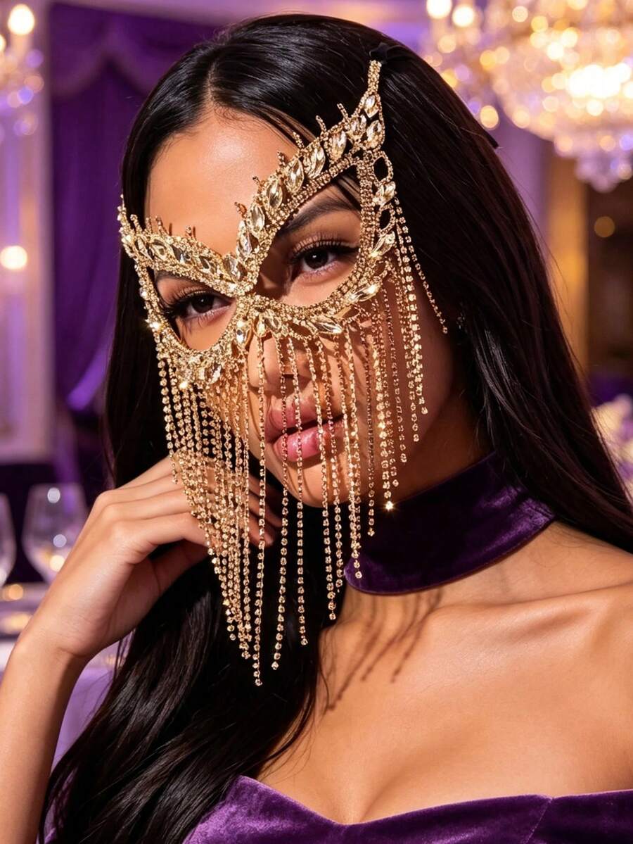 Multilayer Tassel Rhinestone Mask, Glamorous Jewelry Accessory For Women At Banquet And Ball - Gold - View 1