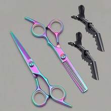4pcs/Set Professional Hair Cutting Scissors Set - 4pcs Colorful Hair Clips + Professional Hair Shears Set, Salon Use Hairdressing Scissors, Flat Shears For Bangs, Thinning Scissors For Textured Hair, Multi-Functional Hair Styling Crocodile Clips For Hairstylists - Multicolor - View 10