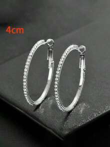 2pcs Silver Sparkling Circles-shaped Exaggerated Earrings For Women, Fashionable With Full Rhinestones - Silver - View 12