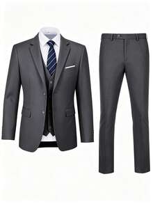 Men's 3-Piece Slim Fit Formal Suit Set, Single-Breasted 2-Button Blazer, V-Neck Vest, Dress Pants, Spring/Summer Business Wedding Suit - Dark Grey - View 3