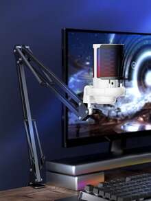 1 pieza Soporte de brazo de boom de micrófono condensador RGB con conector USB, adecuado para videoconferencias, canto, grabación en vivo - Blanco - Ver 3
