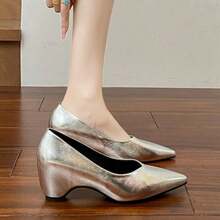 Women's High Heel Pumps, Round Toe Slip-On, Elegant, Hidden Lift, Chunky Heel, Casual, Solid Color, Fashion, Professional, Formal Office, Latin Style - Silver - View 3