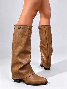 Women's Pointed Toe Chunky Heel Wedge Sexy Trousers Style Boots, Vintage Over-The-Knee Long Boots, Pair With Leggings - Brown - View 2
