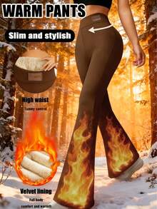 Women's Casual Versatile Stretch High-Waist Flared Fleece Lined Pants, Elastic Waist, Black, Winter Sports - Brown - View 1