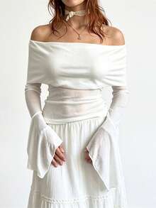 Women's Off The Shoulder Tops Long Flared Sleeve Solid Color Slim Fit Shirt - White - View 3