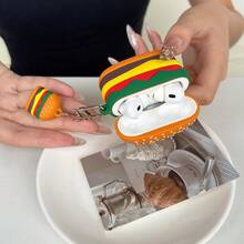 3D Cute Hamburger Silicone Earbud Case Cover, Funny Food Shape Shock‑Resistant Earphone Protective Shell With Mini Burger Keychain Charm - Multicolor - View 6