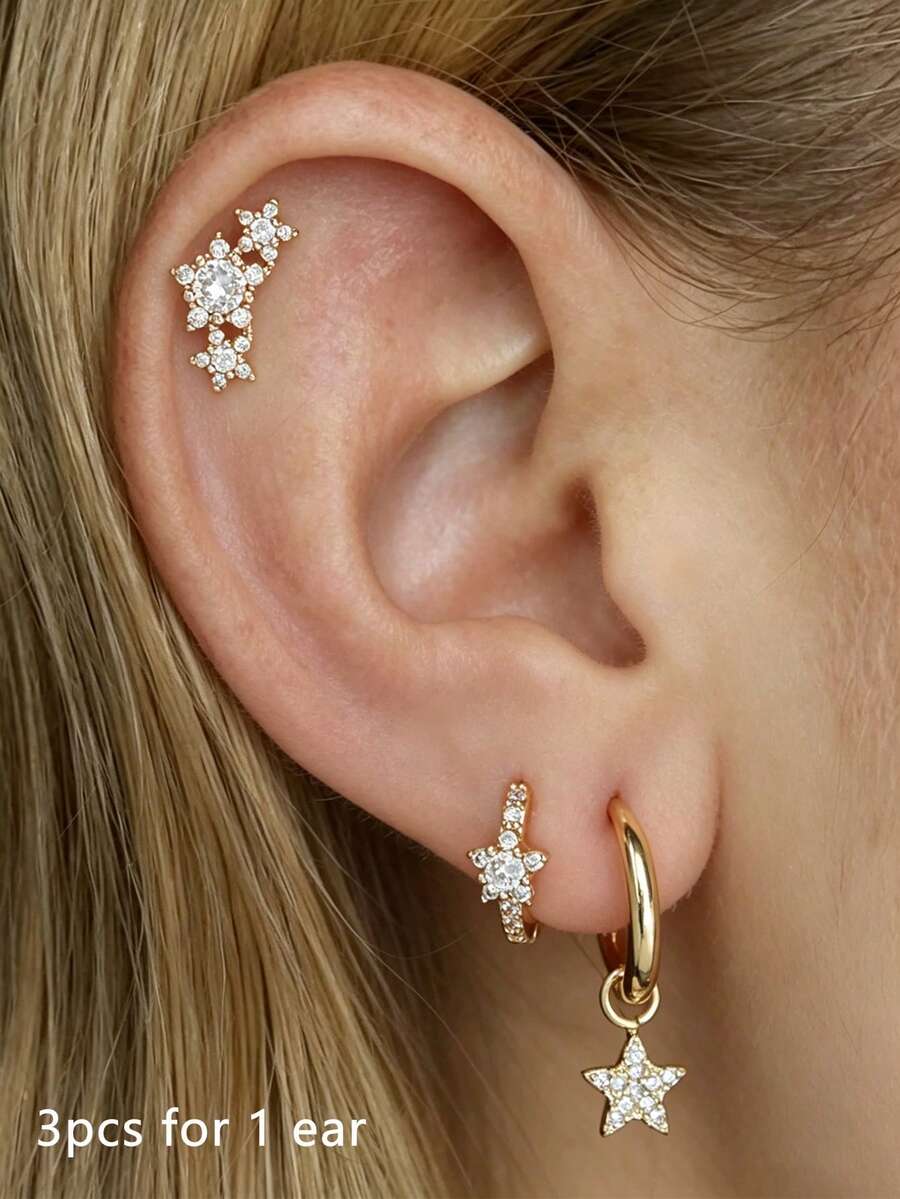 3pcs Cubic Zirconia Star Pendant Earrings Set, Suitable For Women's Dating, Party, Music Festival - Yellow Gold - View 1