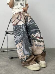 Justice Brother 1pc American Street Style Personalized Multi-Color Digital Print Men's Denim Jeans Fashion Loose Wide Leg Pants All Season Versatile Long Pants (Belt/Accessories Not Included) - Multicolor - View 1