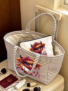 Casual Striped Tote Bag & Makeup Pouch,Funny Highland Cow Canvas Bag,Large Capacity Shopping Bag,Portable Zippered Storage Pouch,Vacation Handbag - Multicolor - View 3