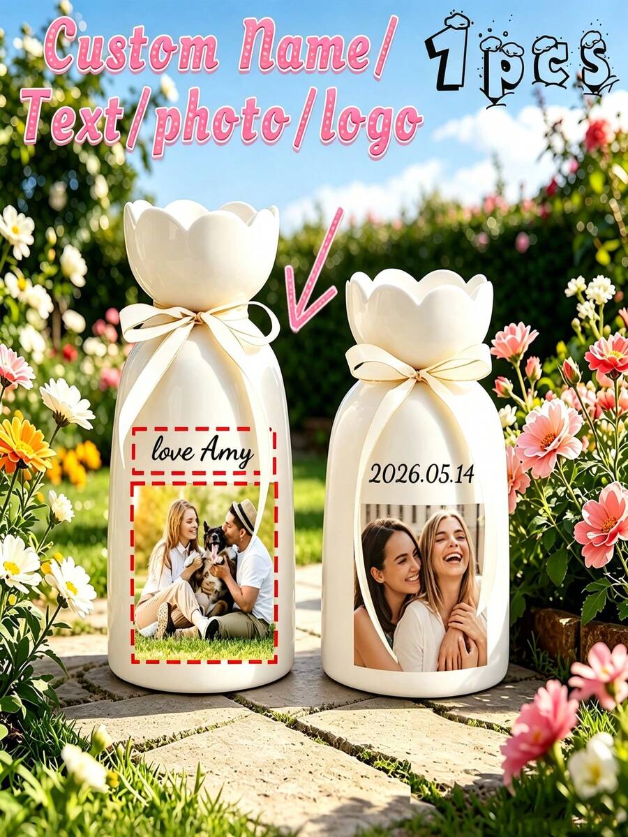 1 Set Personalized Name Photo Vase With Ribbon, Suitable For Dried Flowers Or Fresh Flowers, Perfect For Bedroom Vanity, Dining Table Decor, Study Bookshelf, Office Accent, Customized Birthday Gift For Women - Multicolor - View 1
