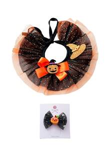 Halloween Pumpkin Print Dog Dress, Matching Bow And Ruffled Collar Set, Cute Orange And Black Halloween Costume, Lantern Pattern, Party Pumpkin Dress, Glittery Pumpkin Bow Hair Clip And Glittery Mesh Ruffled Collar - Multicolor - View 16