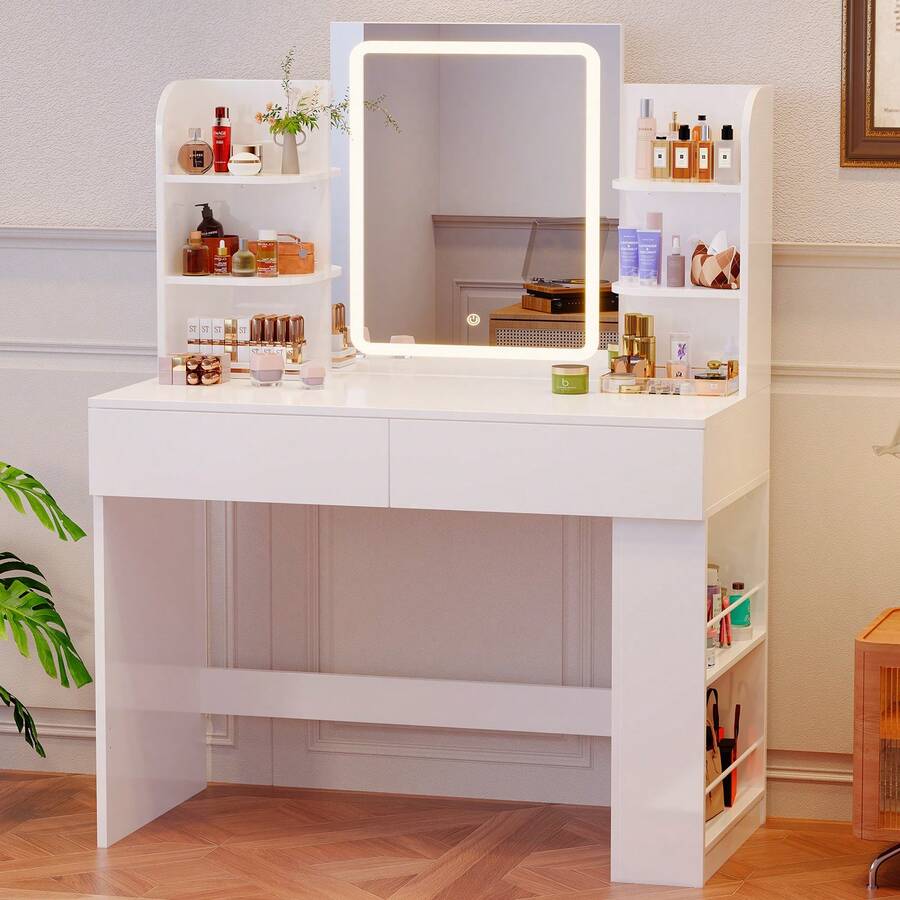 Devoko Dressing Table With LED Lighting, 3 Colors With Adjustable Brightness, Dressing Table With Mirror For Make-Up, Cosmetic Table With Adjustable Shelves, 2 Drawers, Modern, White - White - View 1