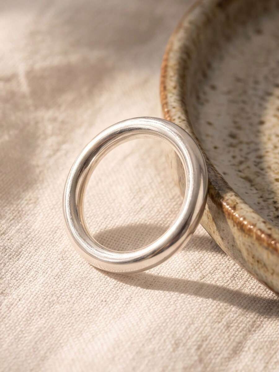 Minimalist Silver Thick Band Ring Textured Round Tube Stackable Daily Wear Ring - Silver - View 1