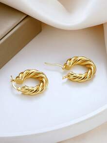 1pc European & American Luxury Style Thick Twisted Rope Hoop Earrings, Copper Plated Gold Hollow Lightweight Clip-On Earrings, High-End Versatile Commute Party Elegant Women's Jewelry - Gold - View 5