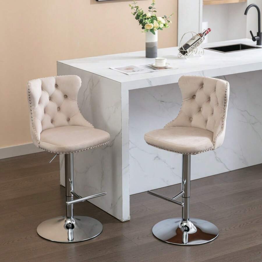 Barhocker - Beige + Samt + Schaumstoff - Übersicht 1