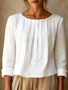 Women's Elegant Pleated Long Sleeve Blouse, Regular Fit Solid Color Top, Suitable For Spring And Autumn Wear, Vintage Style Regular Hem Top - White - View 10